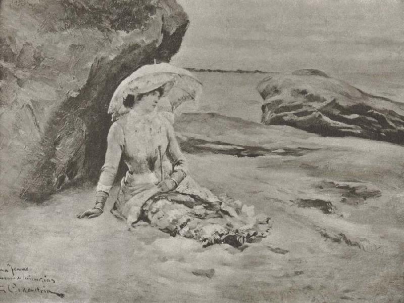 Gustaf Cederstrom min hustru vid stranden France oil painting art